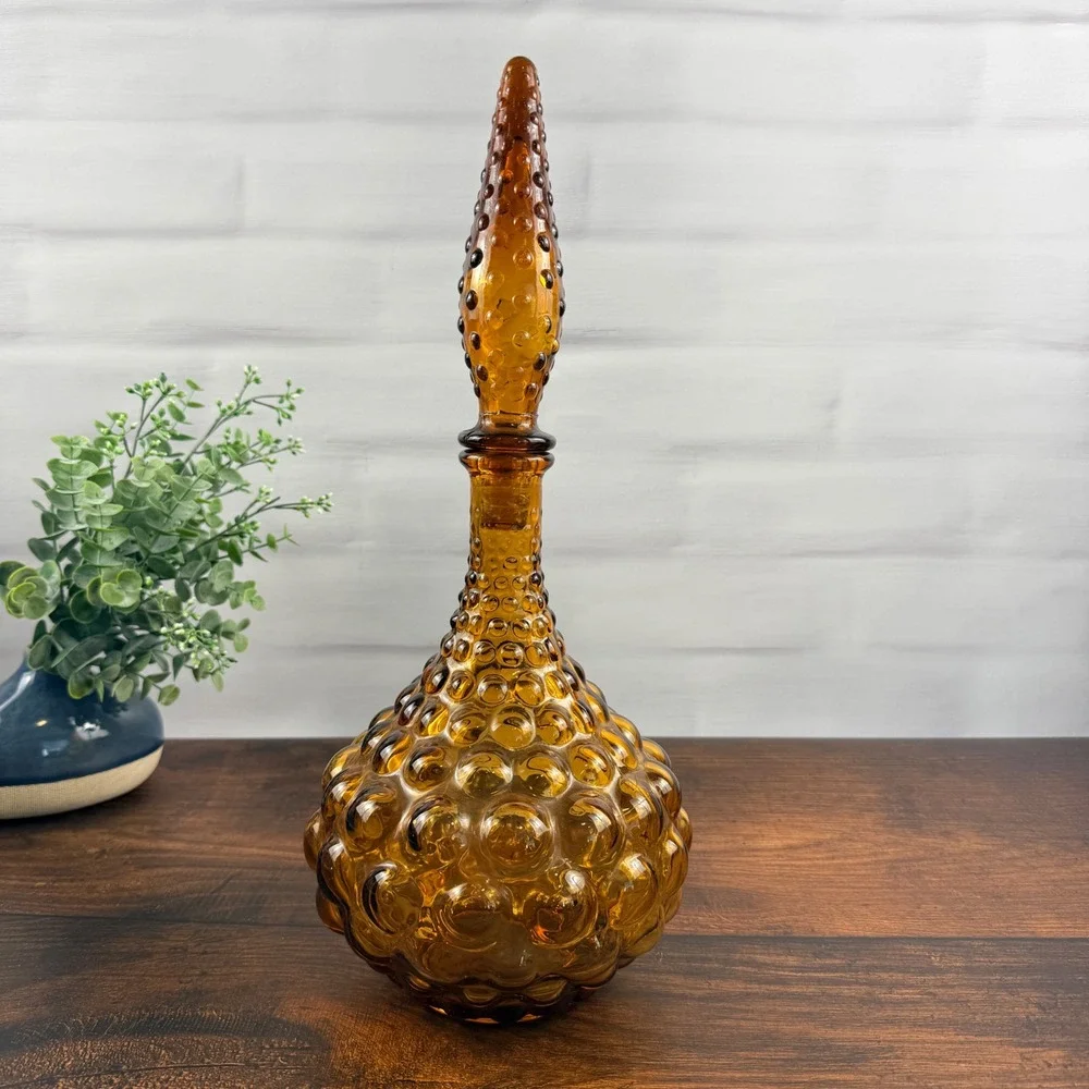 Empoli Large Bubble Squat Amber Genie Bottle Decanter Italian Glass MCM